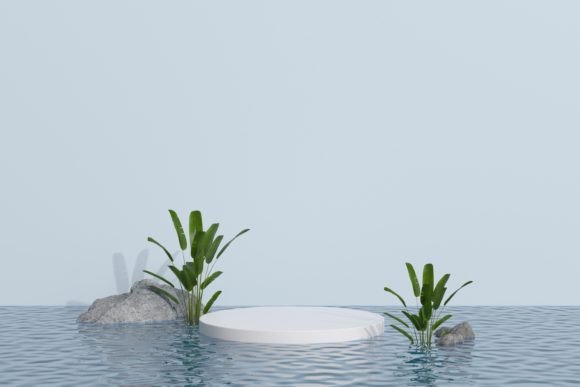 Podium with Leaves on Water Reflection: A Versatile Design for Modern Product Displays